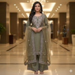 Maslin Kashmiri suit with organza dupatta in sage green color