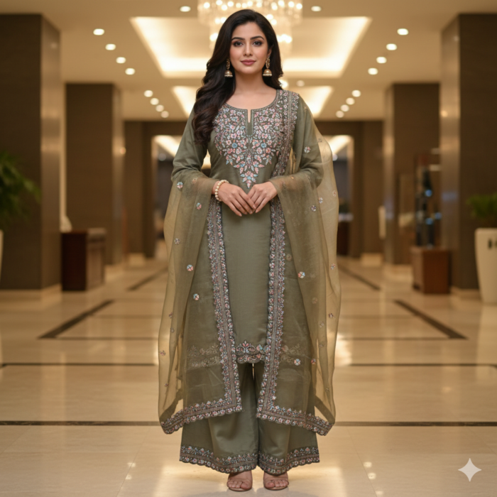 Maslin Kashmiri suit with organza dupatta in sage green color