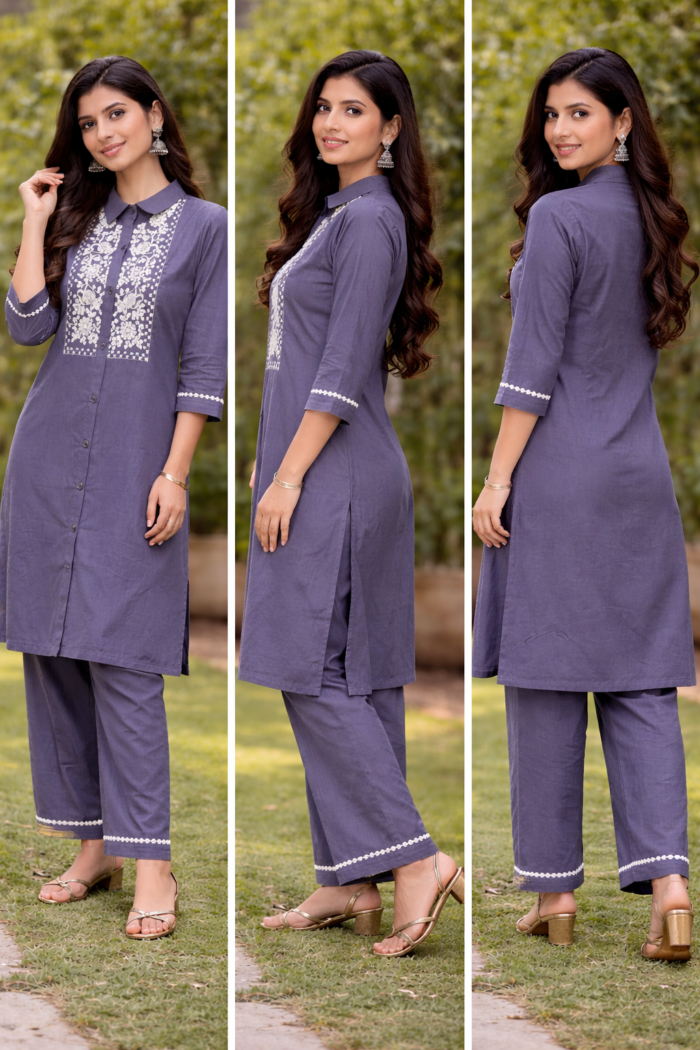 Maslin Cordset for Women Grey Designer Kurta Palazzo Set