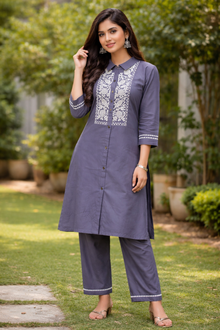 Maslin Cordset for Women Grey Designer Kurta Palazzo Set