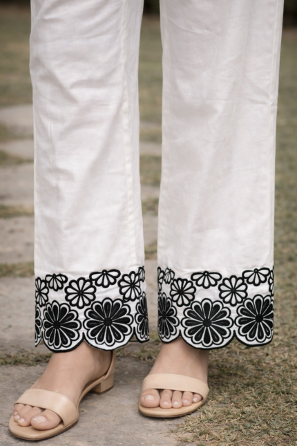 White Maslin cord set with black embroidery kurta palazzo for women