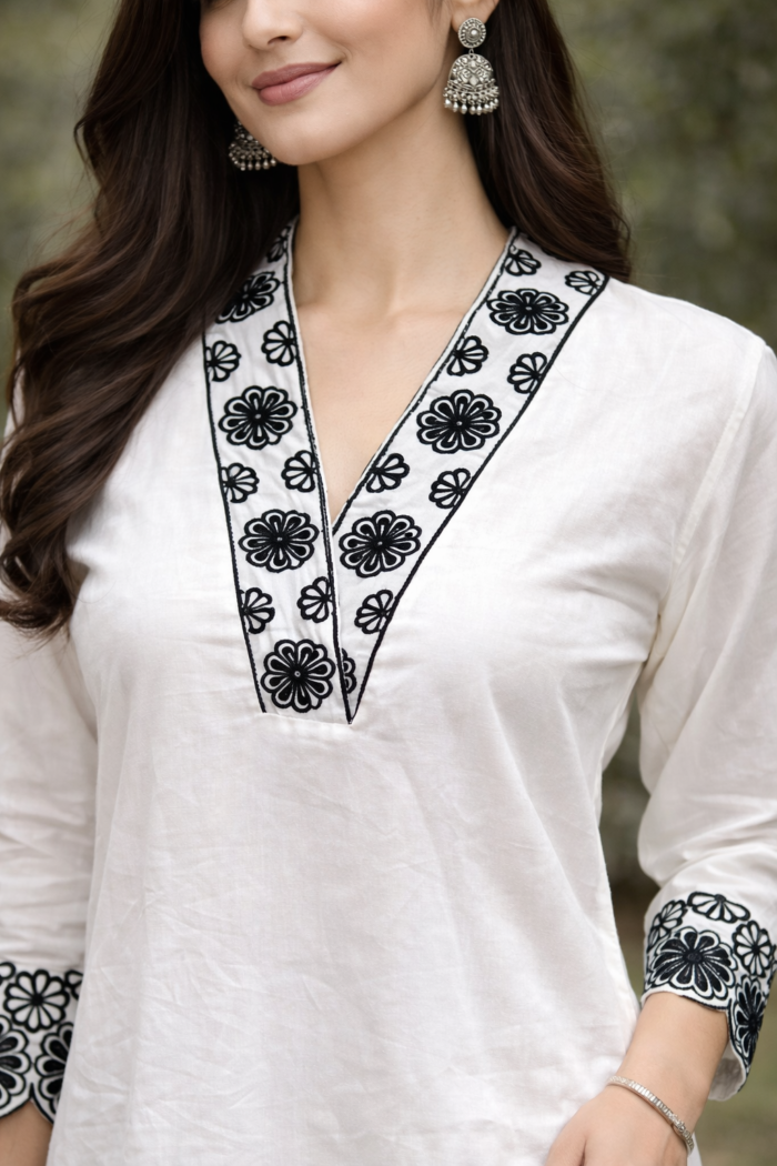 White Maslin cord set with black embroidery kurta palazzo for women