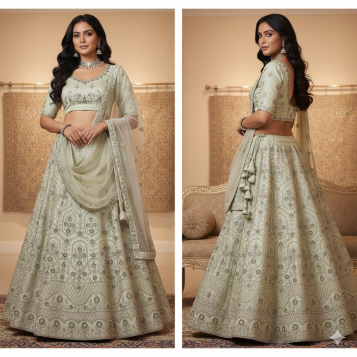 Mint Green Embroidered Lehenga Choli with Net Dupatta – Bridal & Festive Wear - Image 5