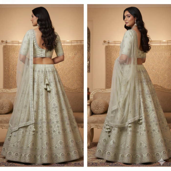 Mint green embroidered lehenga choli with net dupatta for wedding wear