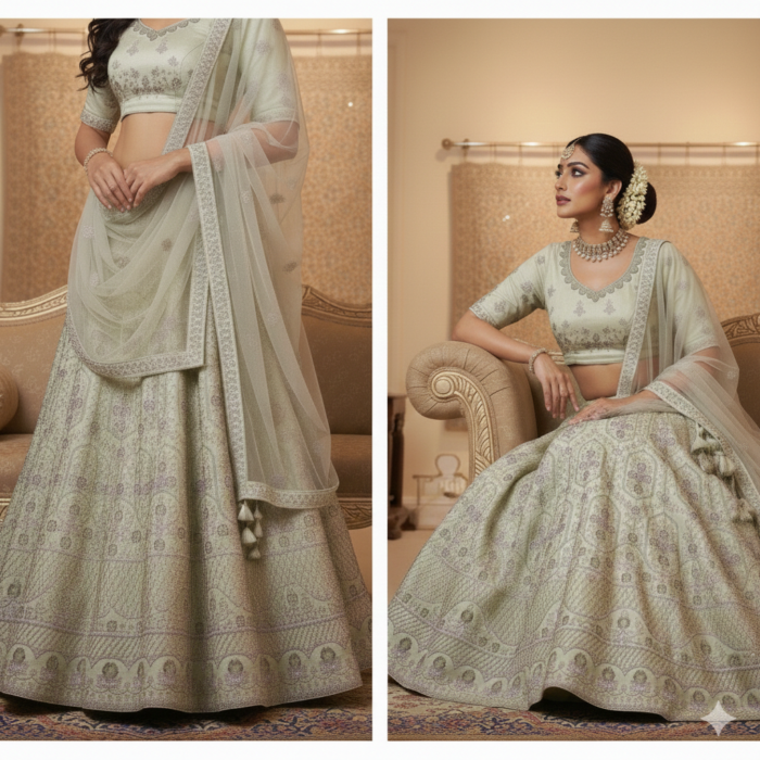 Mint green embroidered lehenga choli with net dupatta for wedding wear