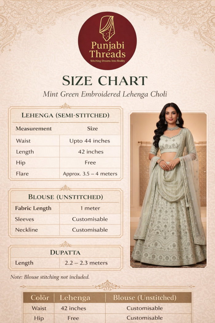 Punjabi Threads mint green embroidered lehenga choli size chart with measurements