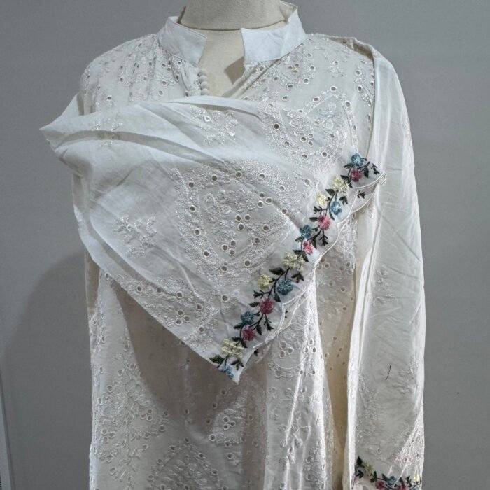 White cotton straight pants with embroidery border ethnic wear