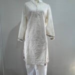 White Chikankari cotton kurta set with pants and dupatta by Punjabi Threads Melbourne