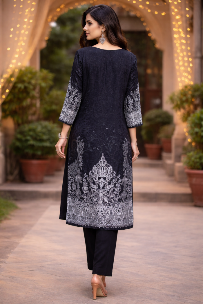 Back view of Maslin Cotton Printed Black and White Punjabi Suit Melbourne