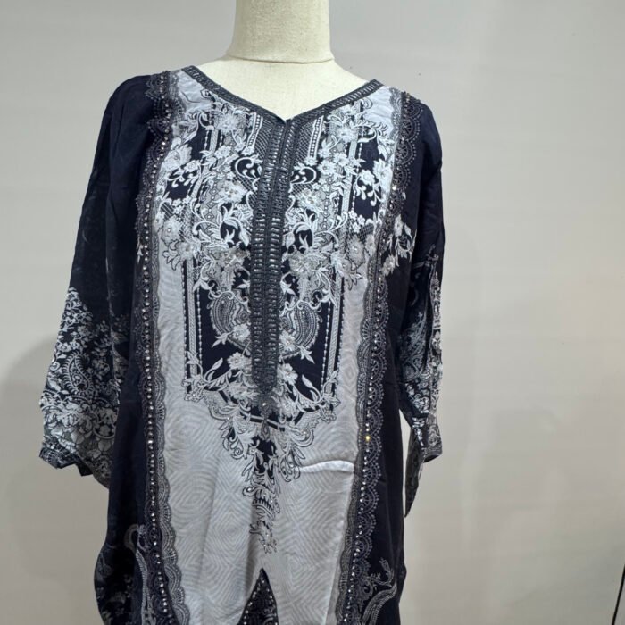 Neck design detail of Maslin Cotton Printed Black and White Suit