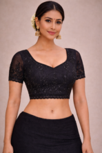black saree blouse back design with tie knot and beat detailing