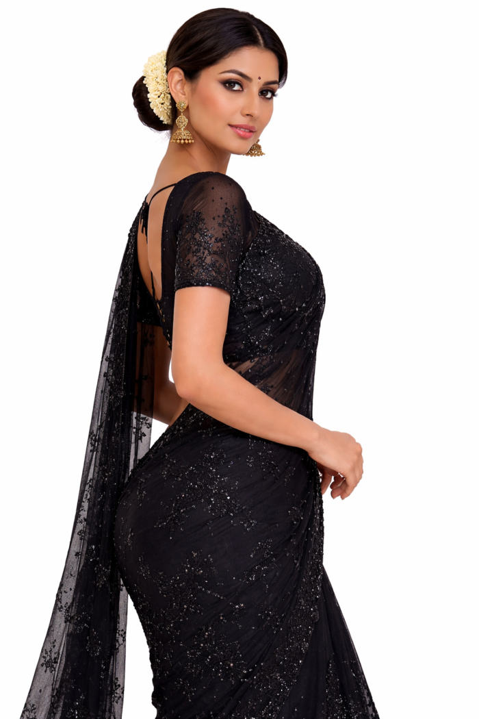 black beat work saree side view with elegant drape