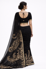Back view of black georgette saree with blouse design and embroidery