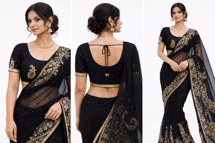 Indian model wearing black embroidered georgette saree