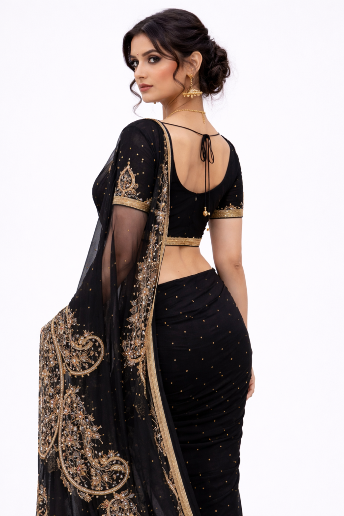 Black embroidered georgette saree side angle with designer border