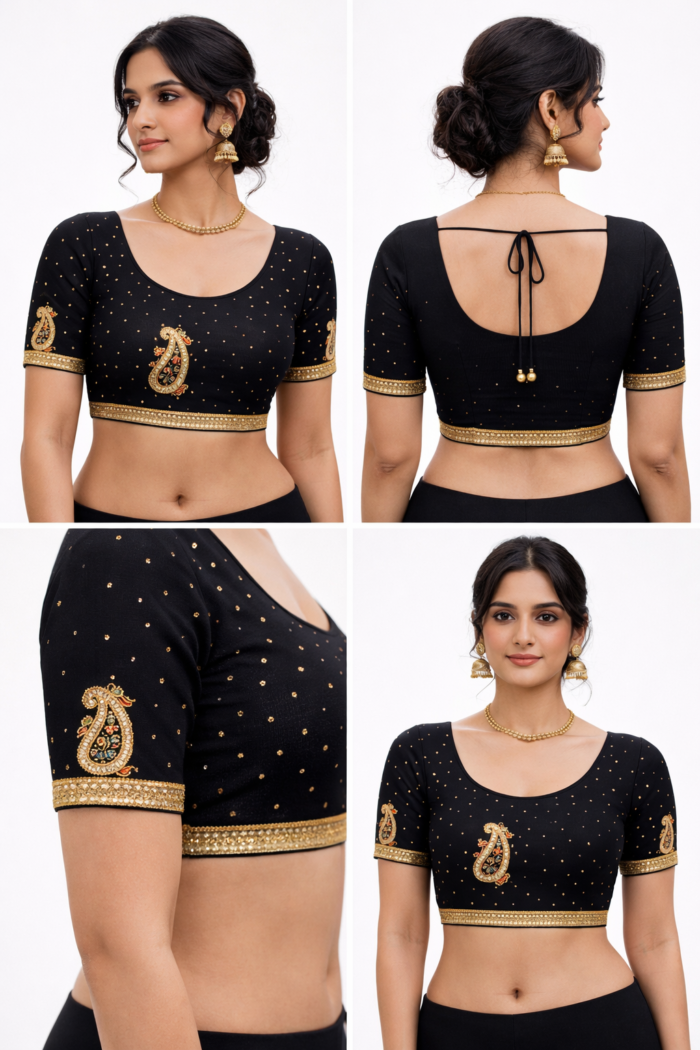 Close-up of gold embroidery on black georgette saree