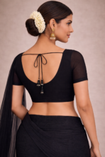 black saree blouse back design with tie knot and beat detailing
