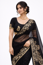 Black embroidered georgette saree side angle with designer border