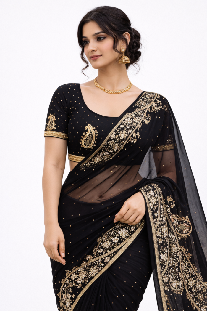 Black embroidered georgette saree side angle with designer border