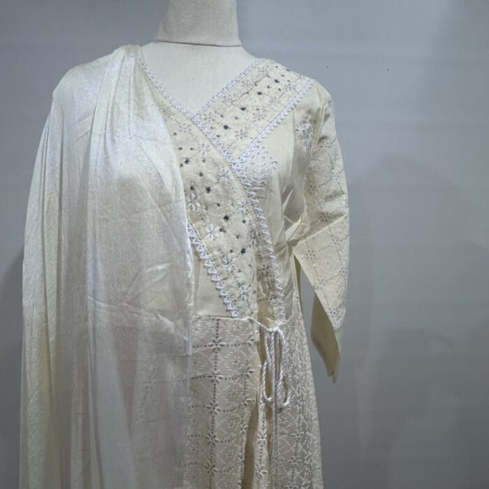 Cream chikankari Anarkali kurta set with embroidery by Punjabi Threads Melbourne