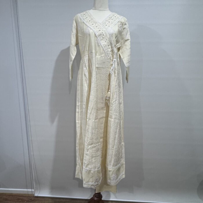 Cream chikankari Anarkali kurta set with embroidery by Punjabi Threads Melbourne