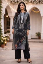 Maslin Cotton Printed Suit Set Black Grey Embroidered Neck Punjabi Threads Melbourne