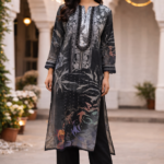 Maslin Cotton Printed Suit Set Black Grey Embroidered Neck Punjabi Threads Melbourne
