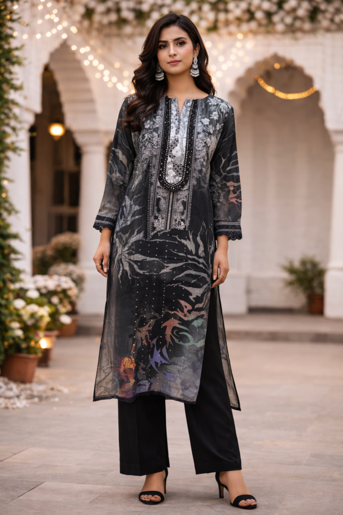 Maslin Cotton Printed Suit Set Black Grey Embroidered Neck Punjabi Threads Melbourne