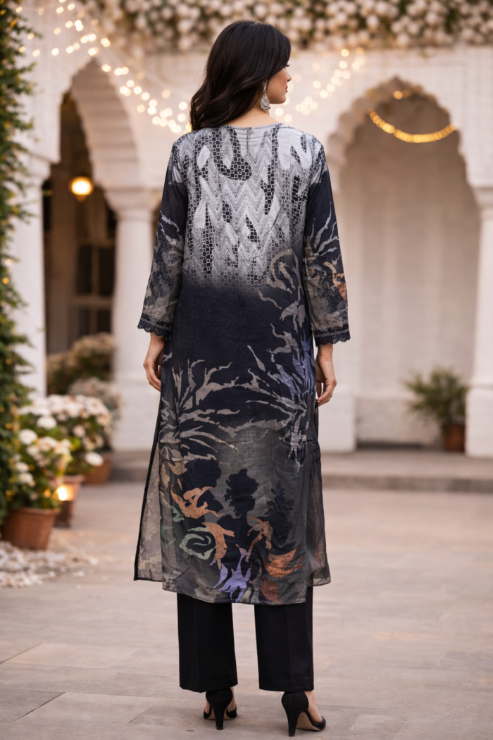 Maslin Cotton Printed Suit Set Black Grey Embroidered Neck Punjabi Threads Melbourne