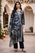 Maslin Cotton Printed Suit Set Black Grey Embroidered Neck Punjabi Threads Melbourne
