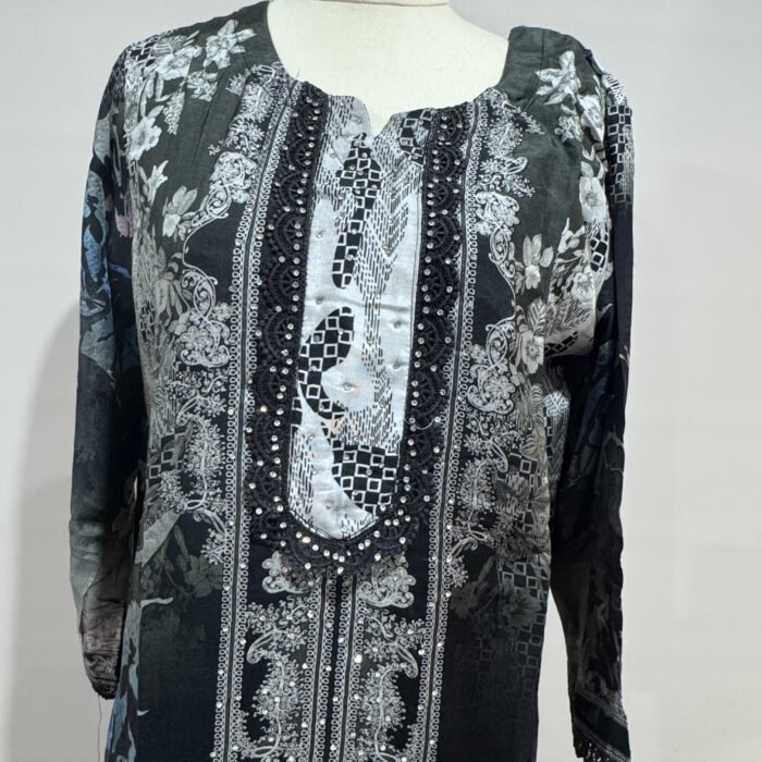 Maslin Cotton Printed Suit Set Black Grey Embroidered Neck Punjabi Threads Melbourne