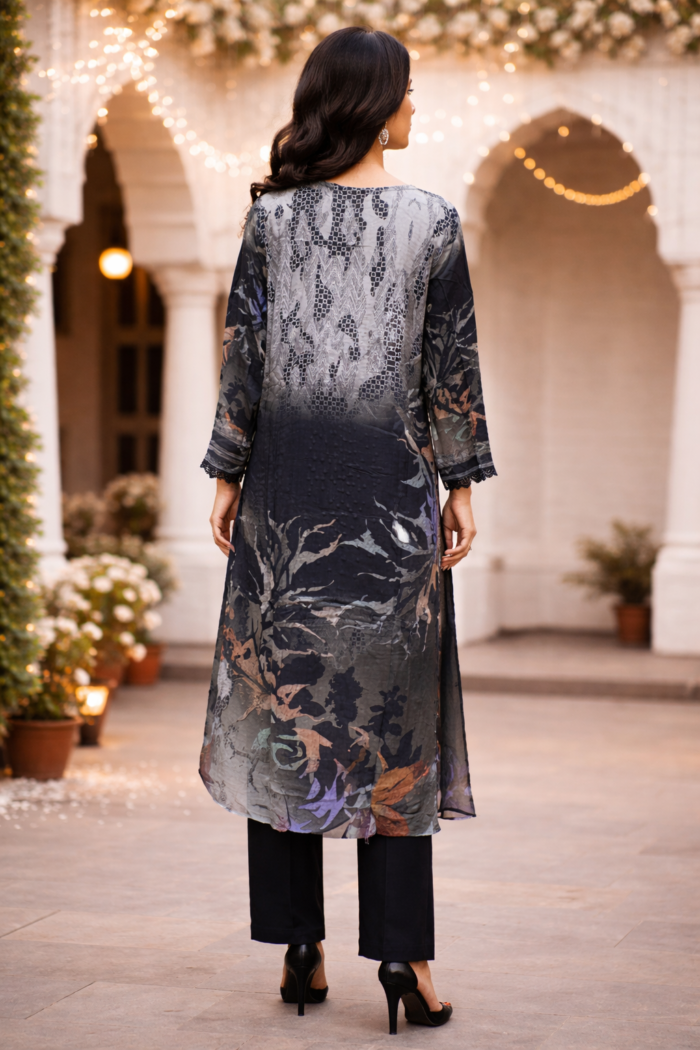 Maslin cotton printed suit back view full length
