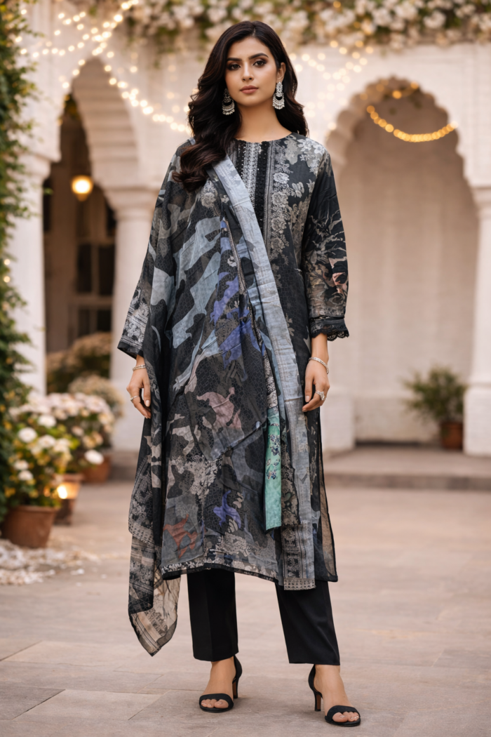 Maslin cotton printed suit set with dupatta elegant grey tones