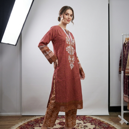 Pure cambric cotton Punjabi suit set in rust maroon colour