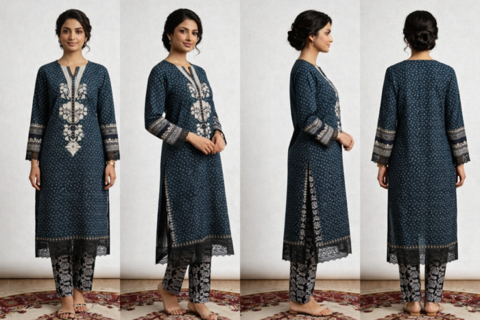 Pure cambric cotton Punjabi suit set in teal green with printed pants