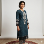 Pure cambric cotton Punjabi suit set in teal green with printed pants