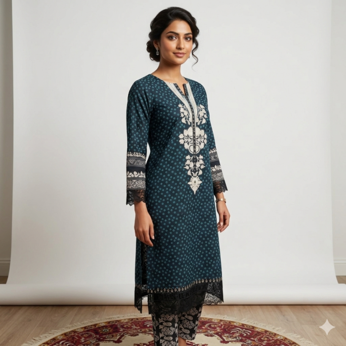 Pure cambric cotton Punjabi suit set in teal green with printed pants