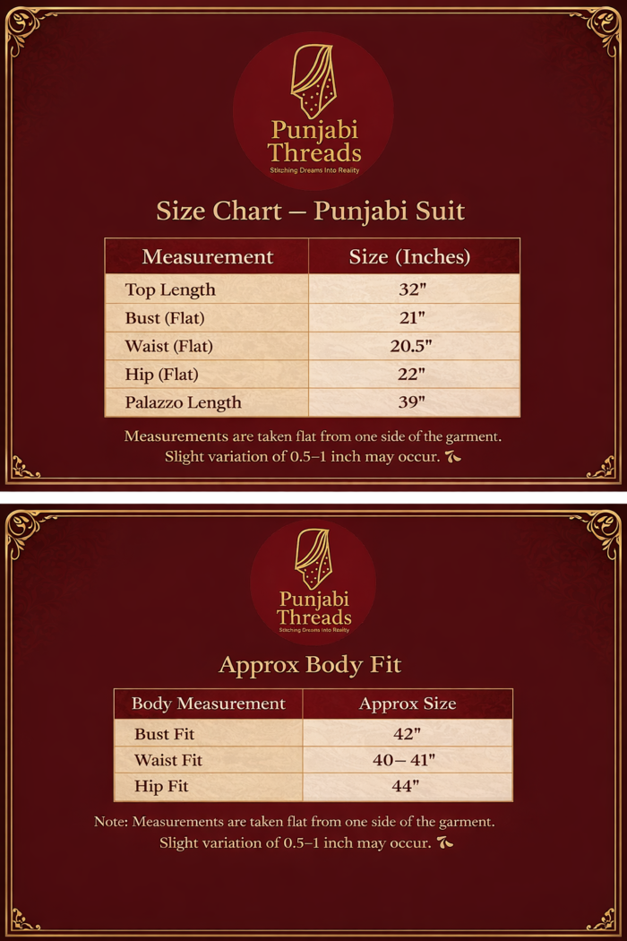 Pure Chinon suit size chart