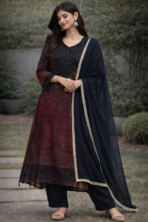 Pure cotton cambric printed suit set black and maroon with dupatta Melbourne