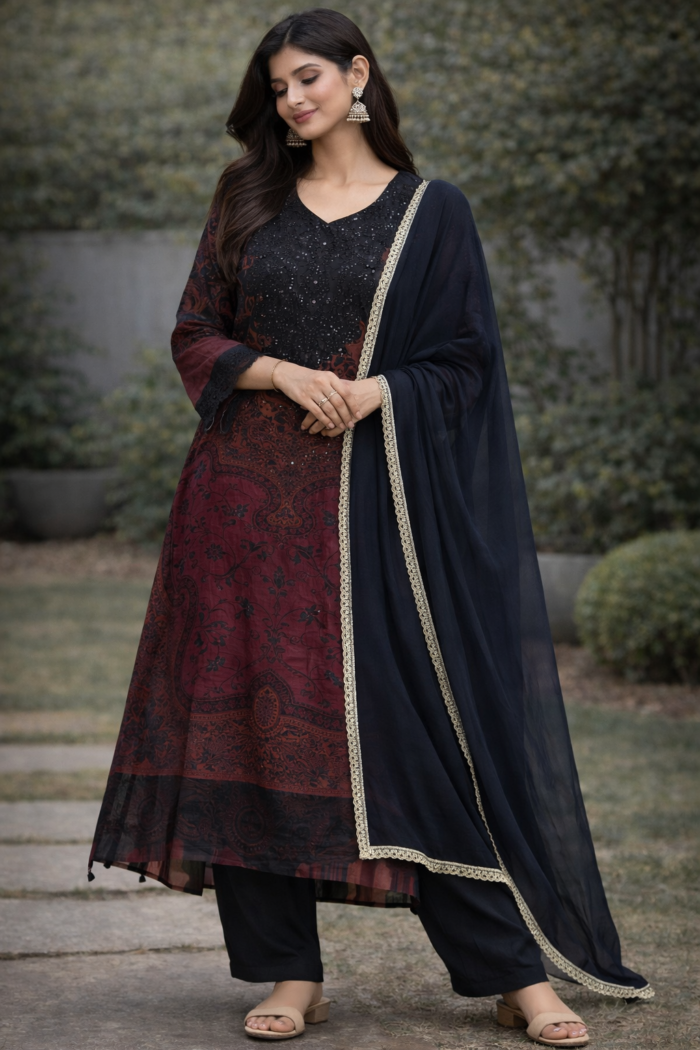 Pure cotton cambric printed suit set black and maroon with dupatta Melbourne