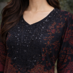 Pure cotton cambric printed suit set black and maroon with dupatta Melbourne