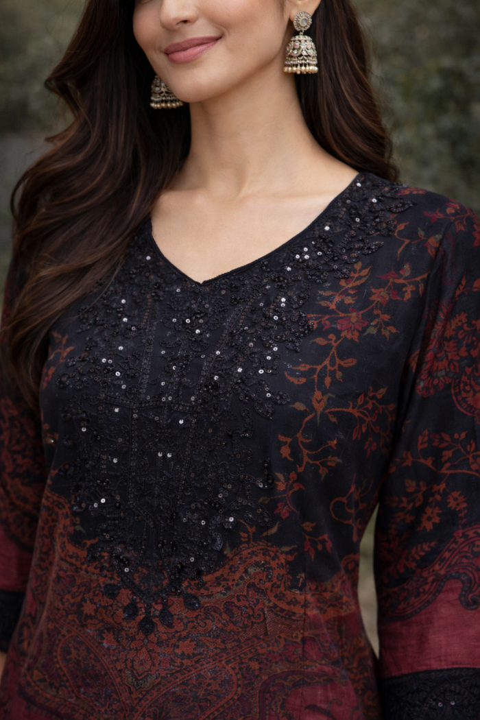 Pure cotton cambric printed suit set black and maroon with dupatta Melbourne