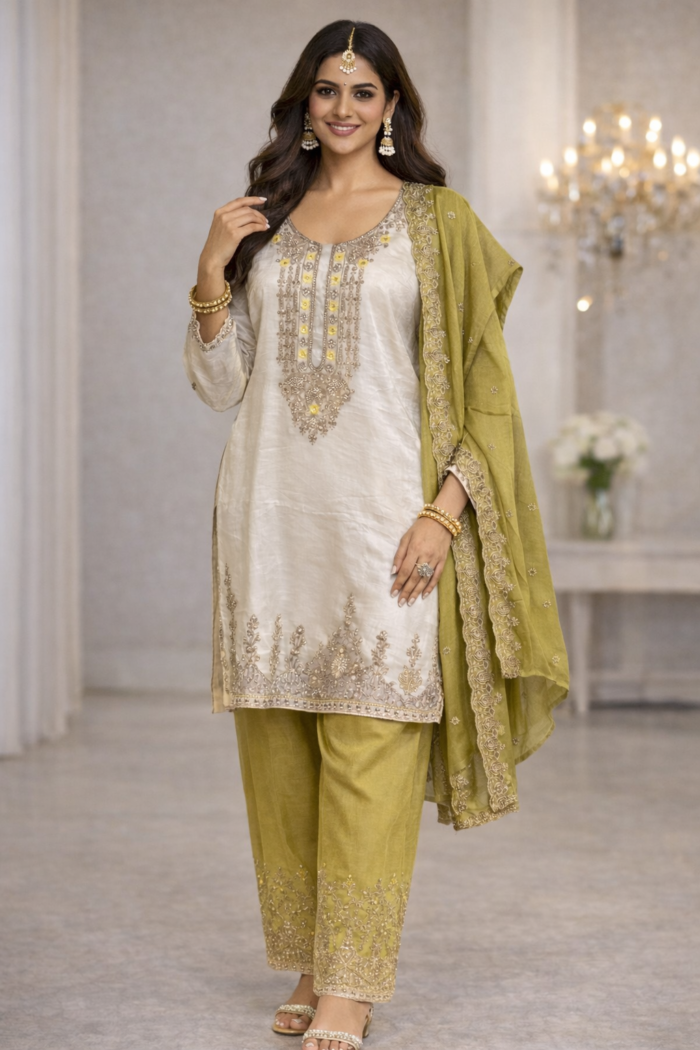 Pure Crush Punjabi suit set with olive green pants