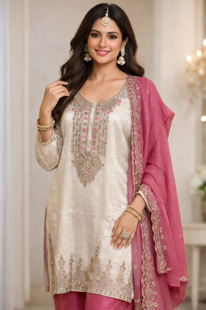 Pure Crush Punjabi suit set with pink pants and dupatta