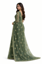 Green shimmer crush saree side view with embroidery design