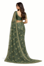 Shimmer crush saree back view designer blouse green saree