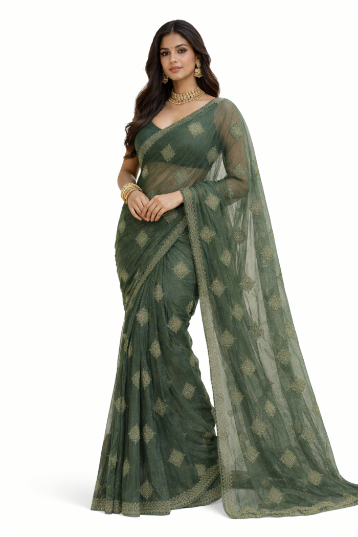 Shimmer crush saree green party wear saree with designer blouse