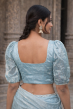 Back design of sky blue embroidered blouse