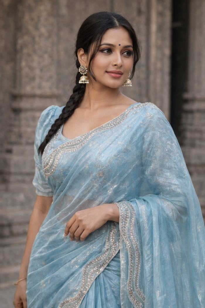 Full look of sky blue party wear saree with embroidered border