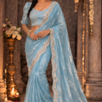 Full look of sky blue party wear saree with embroidered border